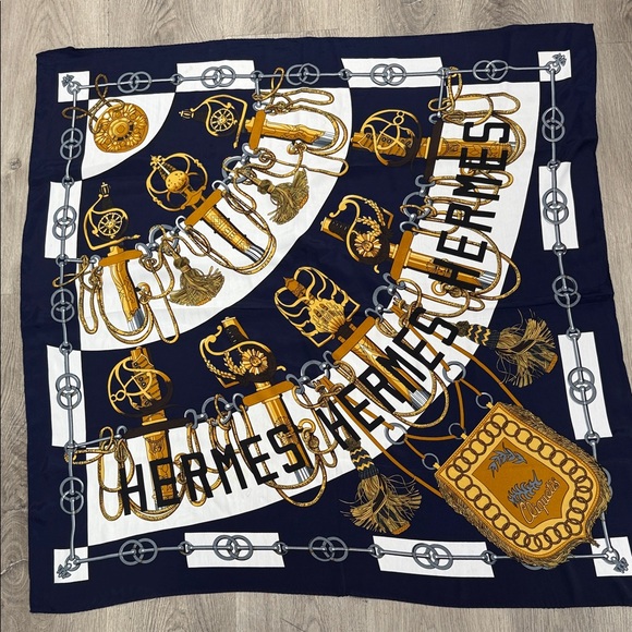Hermes Accessories - Hermes Navy, Gold & White Silk Scarf with Equestrian Hardware Motif